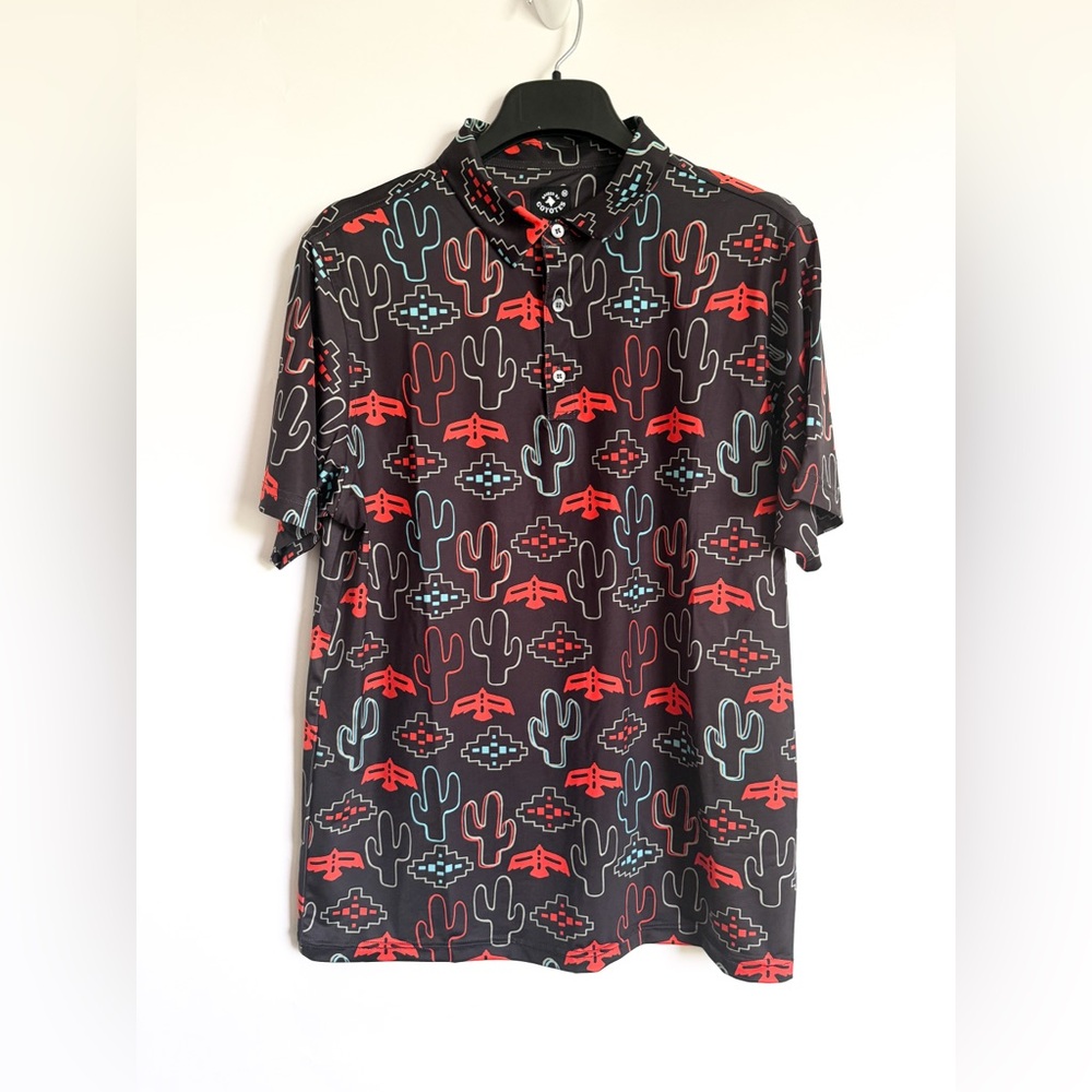 RAISED BY COYOTES Desert Cactus Nights Short Sleeve Polo Mens M Black Western
